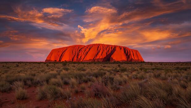 Uluru glowing beneath a dramatic Australian sky